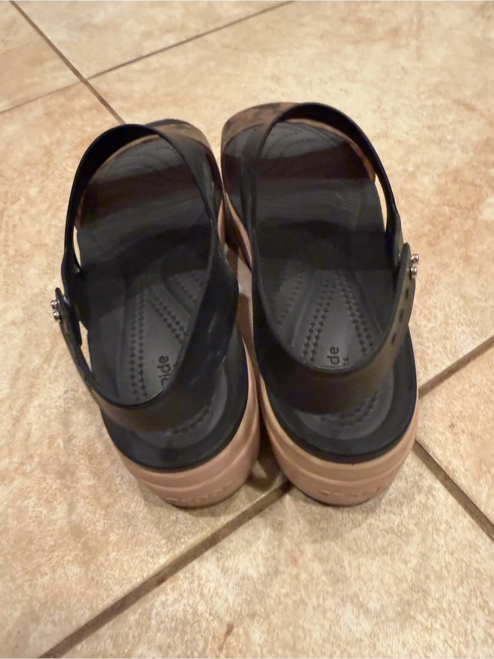 CROCS Women's Black and Leopard Print Wedge Sandals
